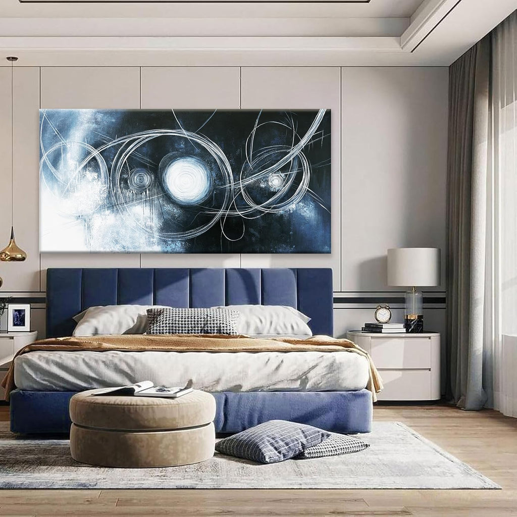 TAIJXAGSG Large Abstract Wall Art For Living Room Modern Dark Blue Wall Canvas Decorations White Line Canvas Wall Art Decor Prints Artwork Bedroom Kitchen Office Home Wall Artwork 29"×58"