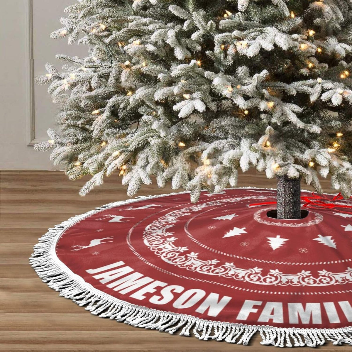 Custom Christmas Tree Skirt with Name, Personalized Holiday Xmas Tree Decor Gifts for Party Family Home, 30" - 48", Deer Pattern