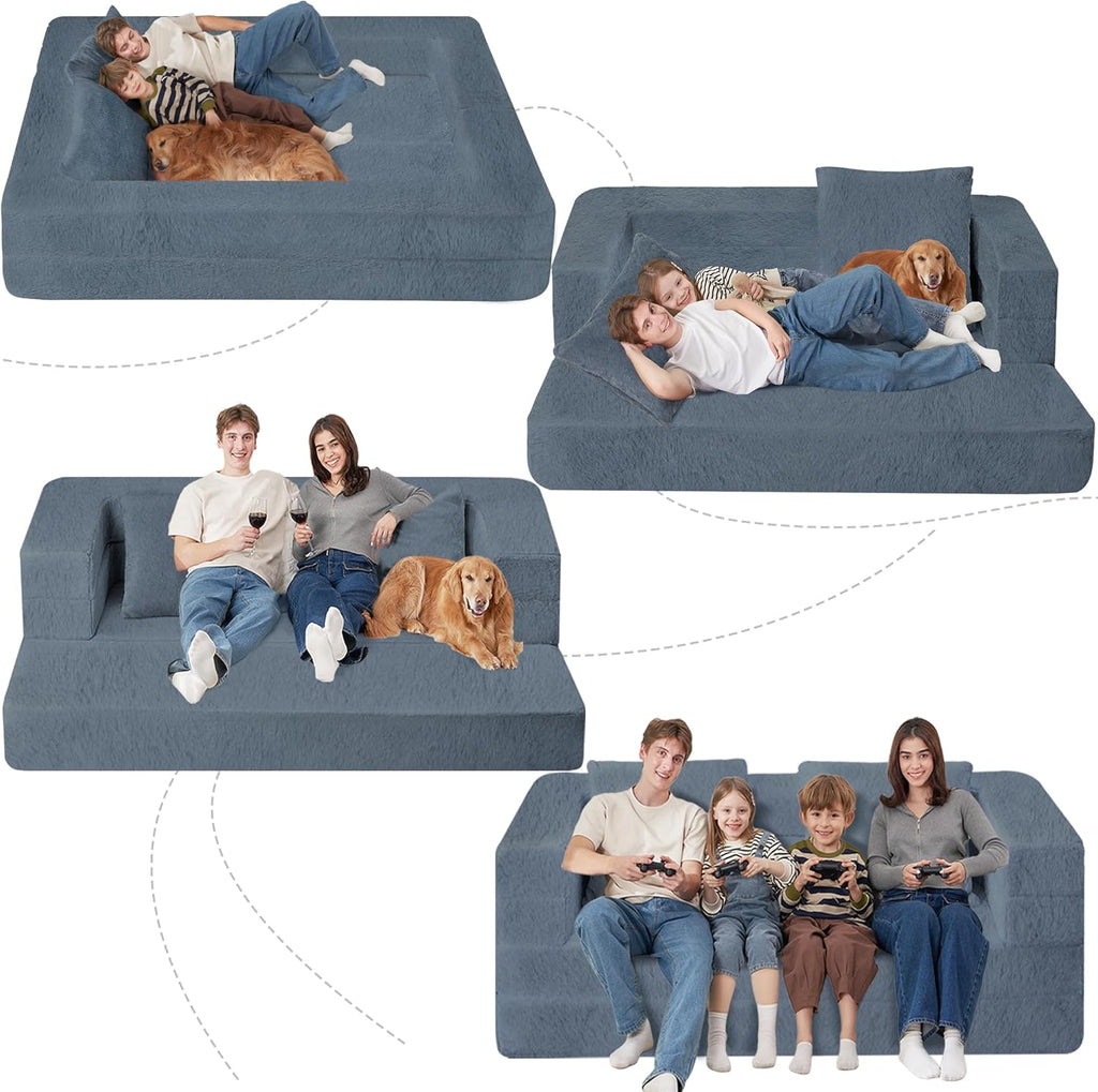 Folding Bean Bag Chair for Adults,3-in-1 Bean Bag Couch Faux Fur Floor Sofa Large Beanbag Convertible Bean Bag Sofa Bed with Pillow in Bedroom,Living Room,Apartment(Queen,Gray)