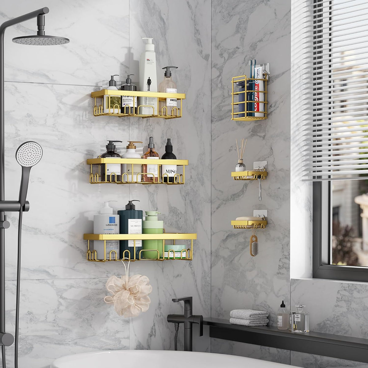 Veken Adhesive Shower Caddy 6-Pack,Gifts for Women Mom,Heavy Weight Bearing,Large Wall Mounted Bathroom Shelves Rack,Organizer Storage Accessories with Soap Dish&Toothbrush Holder,Bright Gold