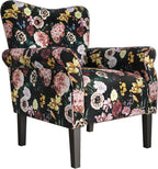 BELLEZE Modern Accent Chair for Living Room, High Back Linen Armchair with Wooden Legs, Upholstered Wingback Side Chair Padded Armrest Single Sofa for Living Room, Bedroom - Allston (Black & Flower)