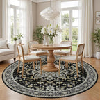Round Area Rug for Living Room: 8ft Boho Washable Rug Black Gold | Vintage Boho - Image 3