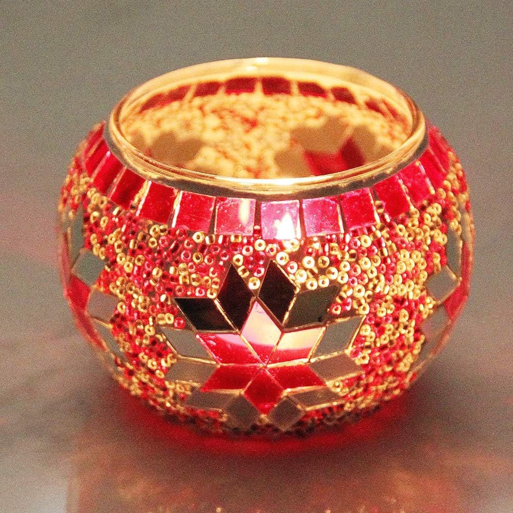 SHMILMH Votive Candle Holder Set of 4, Diwali Decoration for Home, Handmade Mosaic Glass Tealight Candle Holders for Table Centerpiece Decor,Diwali Thanksgiving