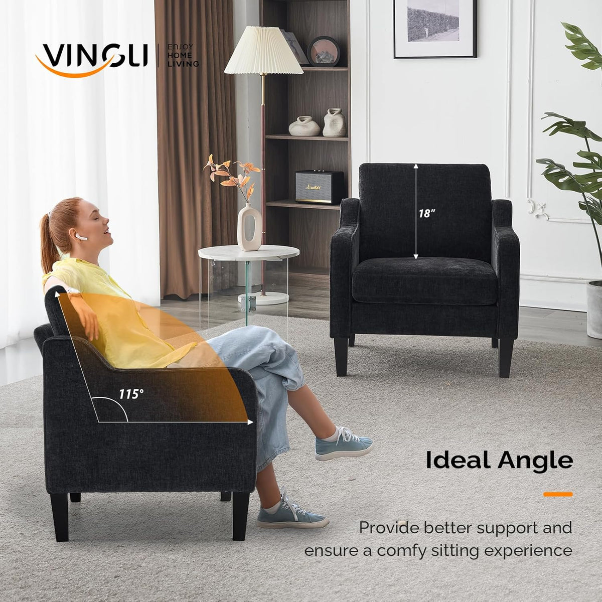 VINGLI Living Room Chairs Set of 2, Black Accent Chair 5.5" Thick Seat Cushion Comfy Chair Soft Chenille Side Chair Upholstered Arm Chair for Bedroom, Play Room, Apartment, Office (Black)