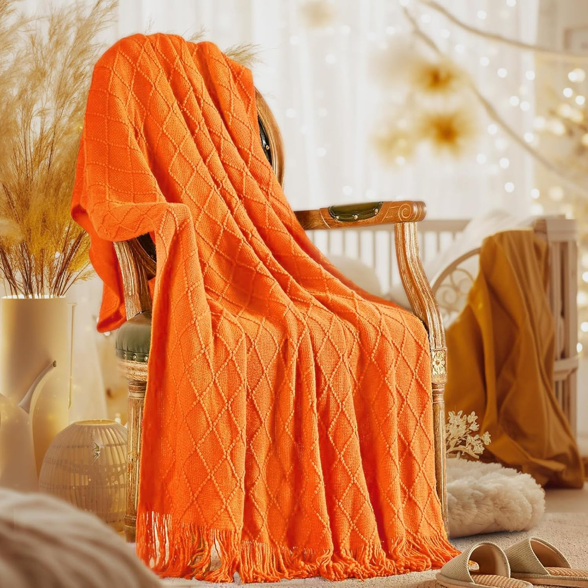inhand Fall Throw Blanket Burnt Orange for Couch, Soft Living Room Home Decor Knitted Twin Size Blanket, Outdoor Lightweight Breathable Summer Blanket, Farmhouse Warm Woven Decorative, 60"x80"