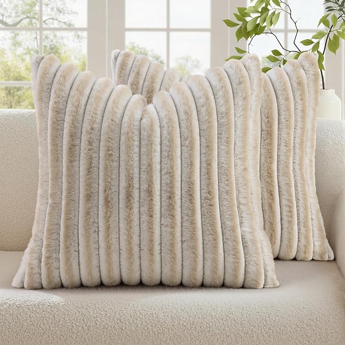 decorUhome Fall Faux Fur Throw Pillow Covers 24x24 Set of 2 Beige White | by decorUhome