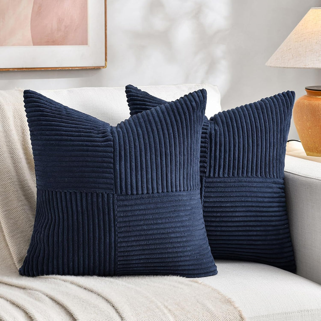Fancy Homi 2 Packs Navy Blue Decorative Throw Pillow Covers 20x20 Inch for Living Room Couch Bed Sofa, Rustic Farmhouse Boho Home Decor, Soft Corss Corduroy Patchwork Accent Cushion Case 50x50 cm