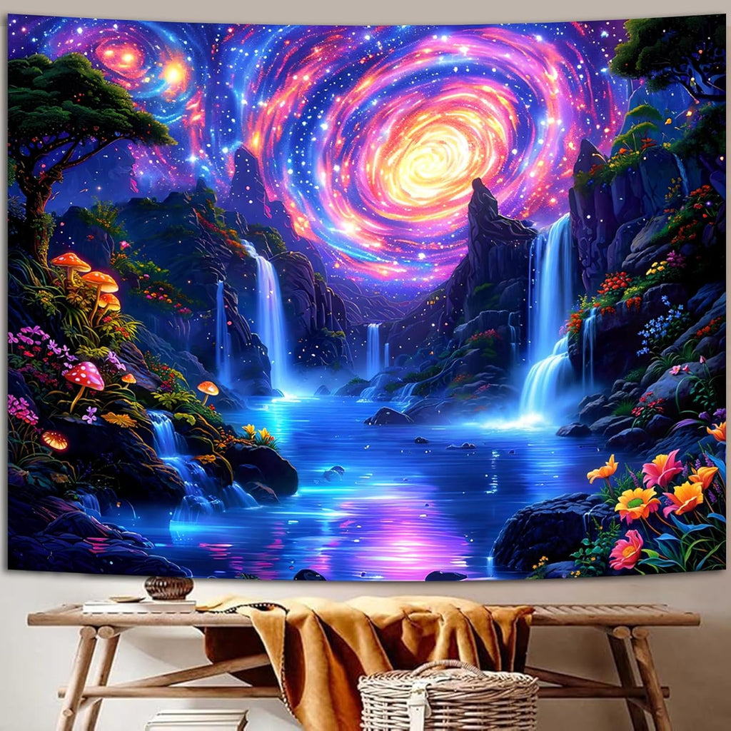 Manicer Blacklight Galaxy Waterfall Neon Tapestry – UV Reactive Glowing Cosmic Spiral Sky Glow in the Dark Nature Fantasy Landscape Wall Art for Bedroom – 51.2" x 59.1"