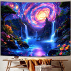 Manicer Blacklight Galaxy Waterfall Neon Tapestry – UV Reactive Glowing Cosmic Spiral Sky Glow in the Dark Nature Fantasy Landscape Wall Art for Bedroom – 51.2" x 59.1"