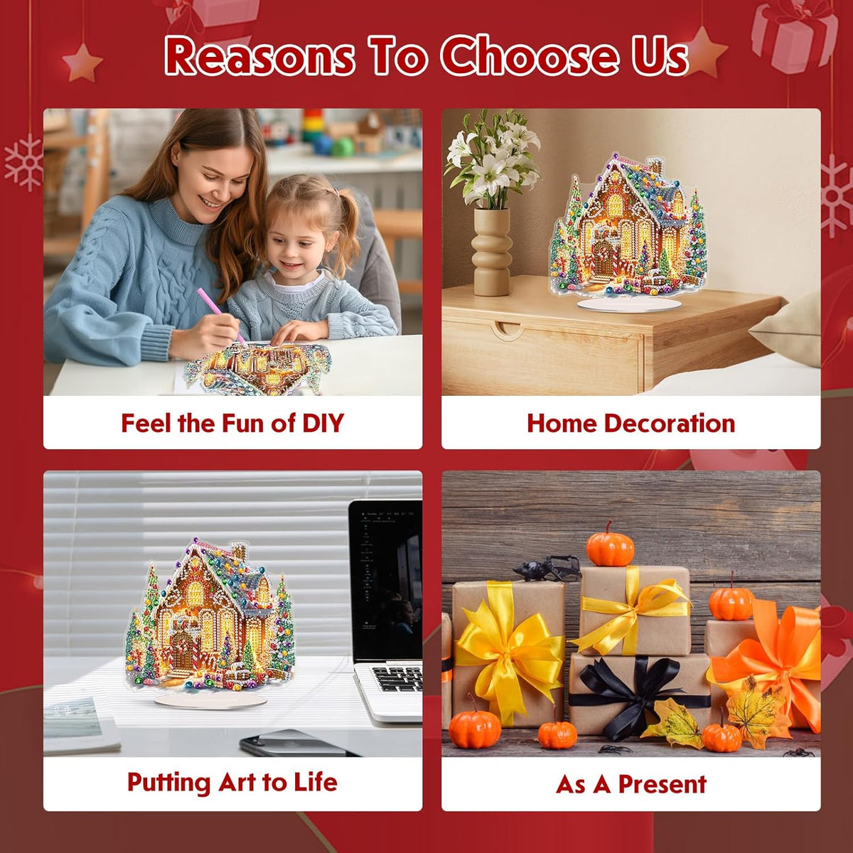 MEIYUDA Christmas Diamond Art Tabletop Kits, Christmas House Diamond Art Painting Desktop Ornaments for Adult, DIY Special Shaped Crystal Desk Placement Ornament for Home Office Decor Crafts Gift