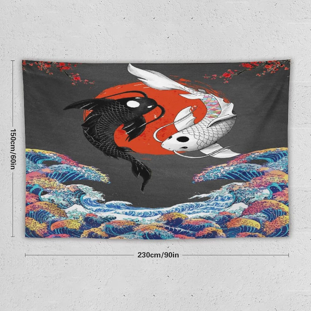 Houselerax Japanese Koi Fish Tapestries, Yin Yang Big Wave Cherry Blossom Tapestry Wall Hanging for Bedroom Living Room Office Decor 90"x60"