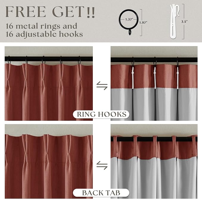 Terracotta Pinch Pleated Linen Blackout Curtains 90 Inches Long - Image 6