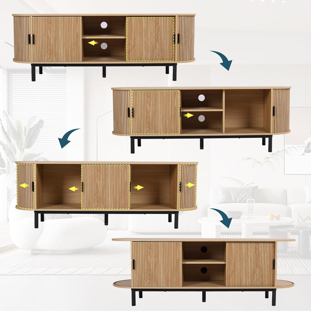 62" Tambour Door TV Stand,Wood Mid Century Modern TV Cabinet for Up to 75“ TV,Curved Edge Long TV Stand with Storage for Bedroom Living Room (Natural, 62.2inch)