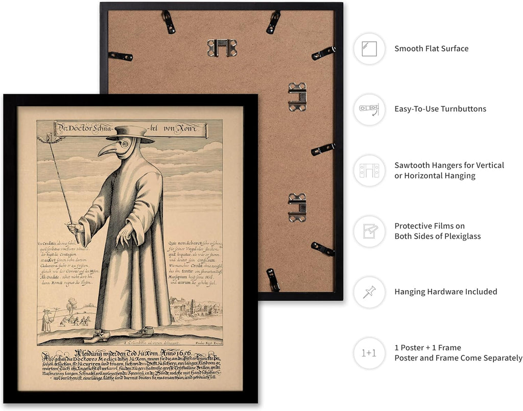 Poster Master Vintage Medieval Poster - Retro Illustration Print - Gift for Friend - Plague Doctor, Pandemic Mask, Physician, Black Death - Wall Decor for Home, Living Room, 11x14 Black Framed