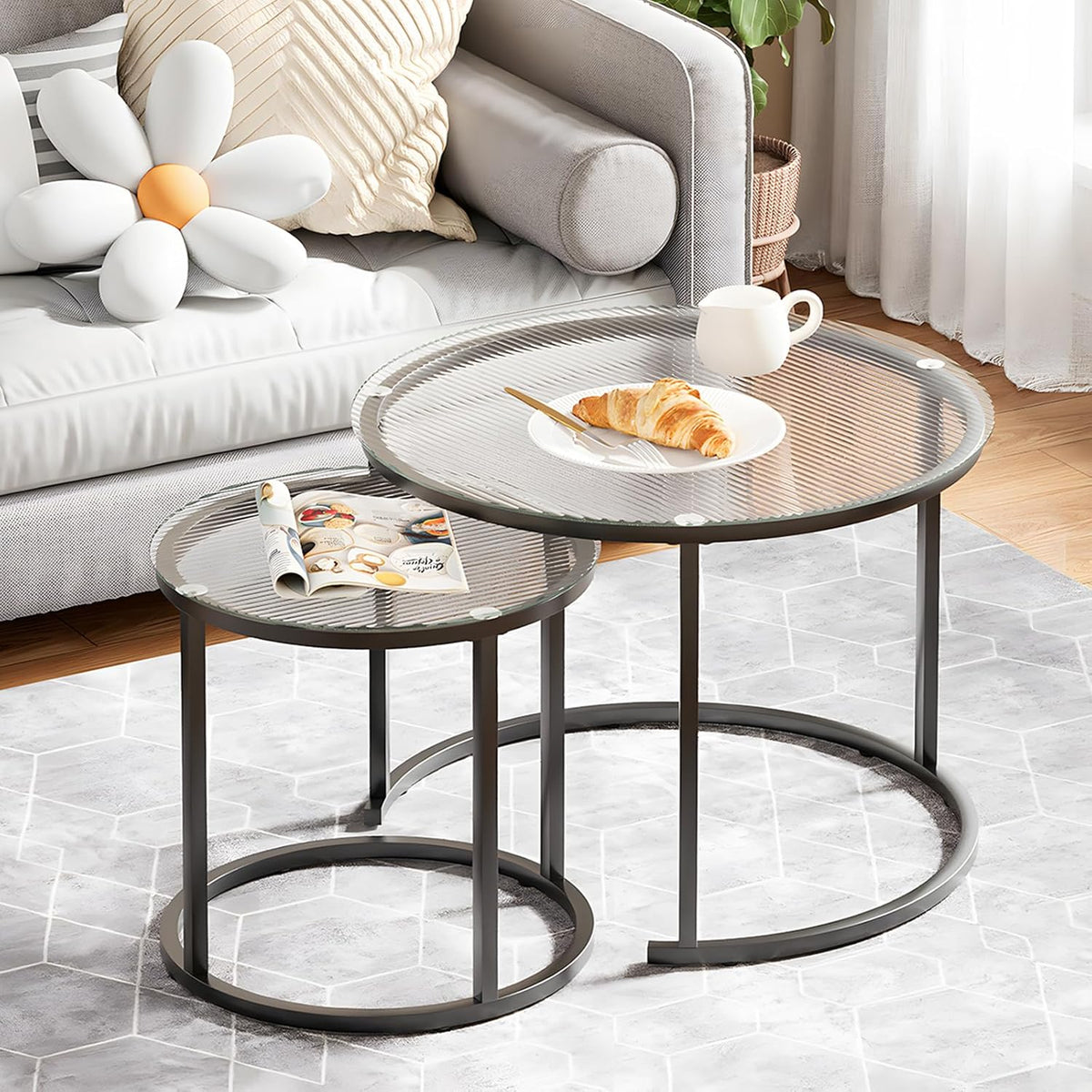 aboxoo Gold Nesting Coffee Table Set of 2, Small Glass Round Nesting Tables for Living Room Bedroom, Accent Tea Table with Black Metal Frame Modern Industrial Simple