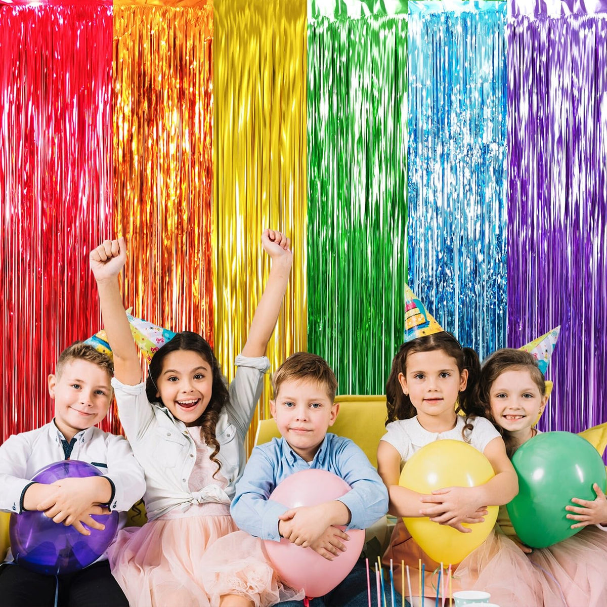 GOER 3.2 ft x 8.2 ft Metallic Tinsel Foil Fringe Curtains Party Photo Backdrop Party Streamers for Birthday,Graduation,New Year Eve Decorations Wedding Decor (4 Packs,Rainbow Colors)