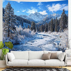 AMM Winter Forest Snow Mountain Tapestry Snowy Pine Tree Woodland Tapestry for Bedroom Aesthetic White Clouds Flowing River Landscape Tapestries Wall Hanging for Living Room Dorm Office 80 x 60 Inch