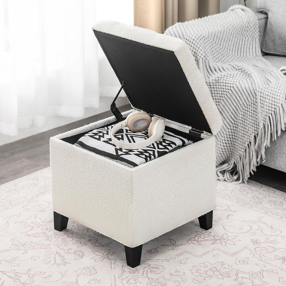 Adeco 18 Inch High Cube Ottoman Storage, Linen Chair Foot Stools, Upholstered Vanity Stool with Hinged Lid, Solid Wood Legs (White Circle Yarn)