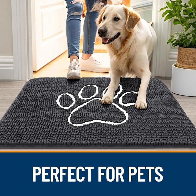 OLANLY Dog Door Mat for Muddy Paws 54x24, Paw Print Design Chenille Mud Mat | - Image 6