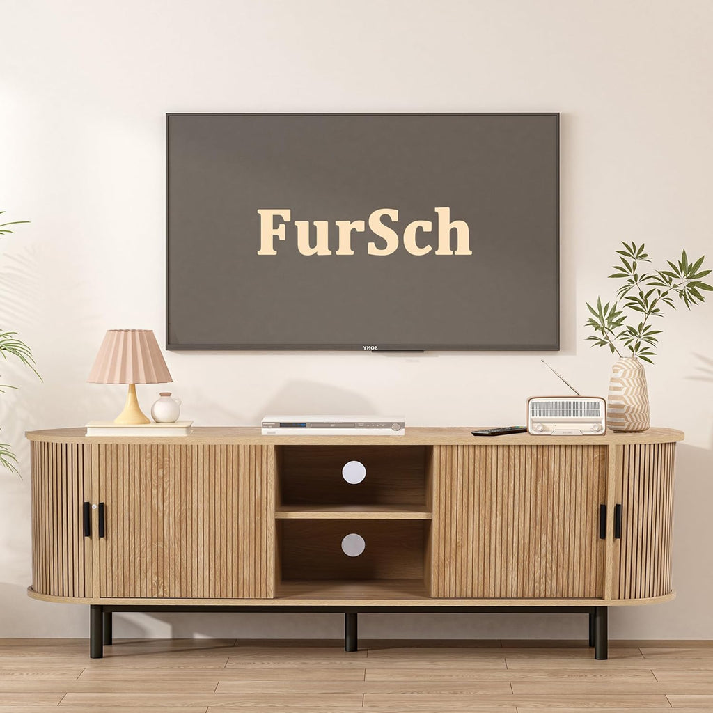 62" Tambour Door TV Stand,Wood Mid Century Modern TV Cabinet for Up to 75“ TV,Curved Edge Long TV Stand with Storage for Bedroom Living Room (Natural, 62.2inch)