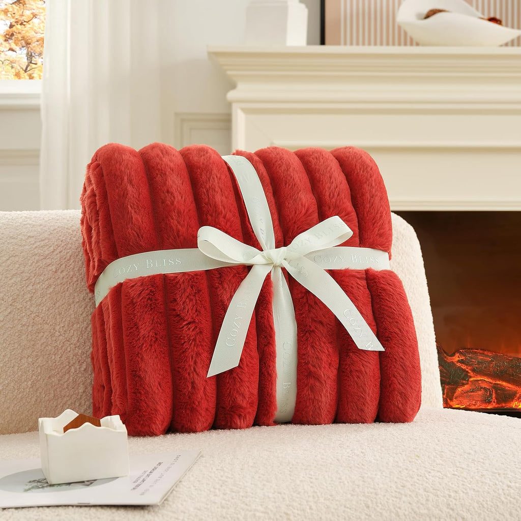 Cozy Bliss Faux Fur Throw Blanket for Couch, Cozy Warm Plush Striped Blanket for Sofa Bedroom Living Room,60 * 80 Inches Cardinal Red