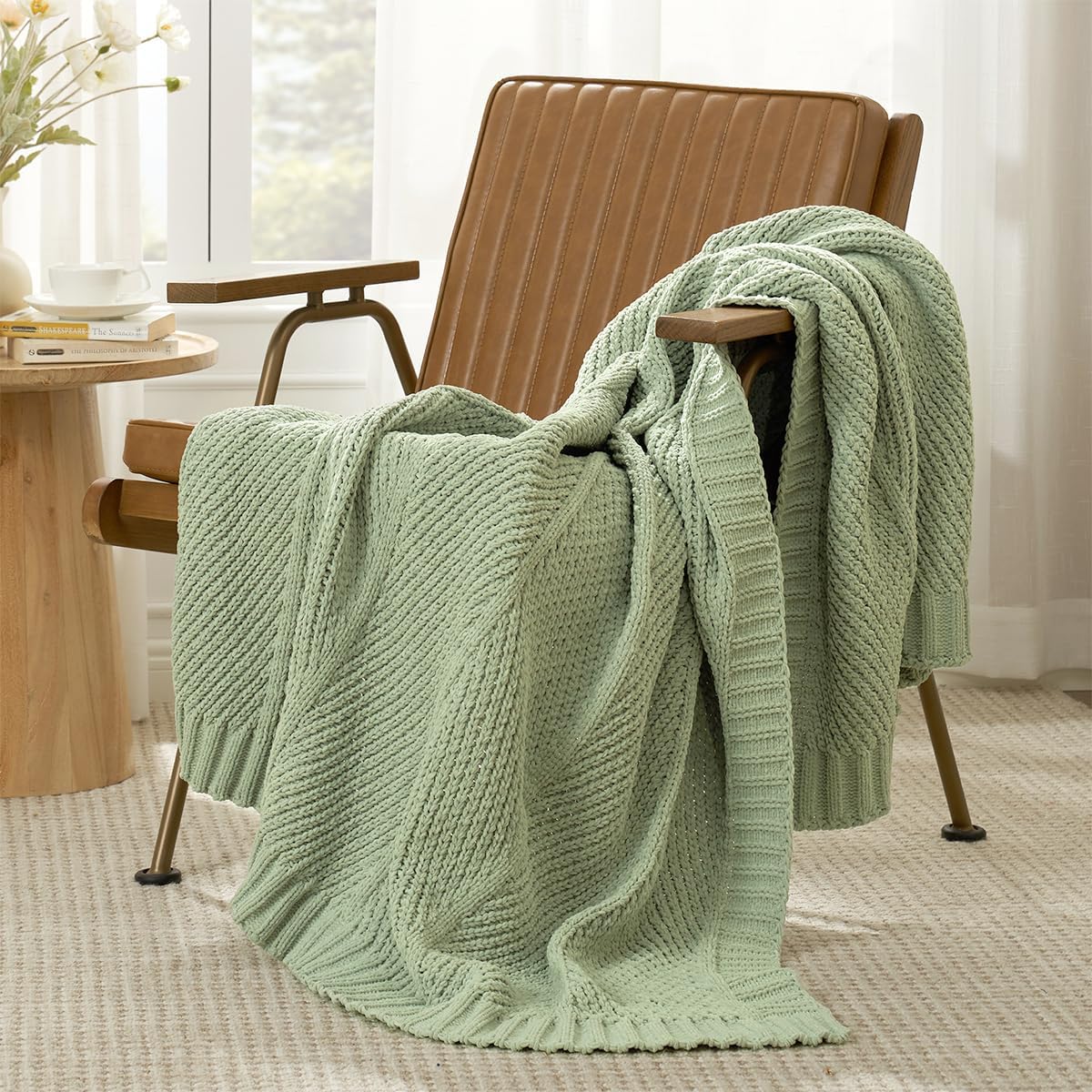 Amélie Home Chenille Knit Throw Blanket for Couch, Chevron Texture Decorative Soft Blanket for Sofa, Bed & Chair, 50"x60", Sage Green