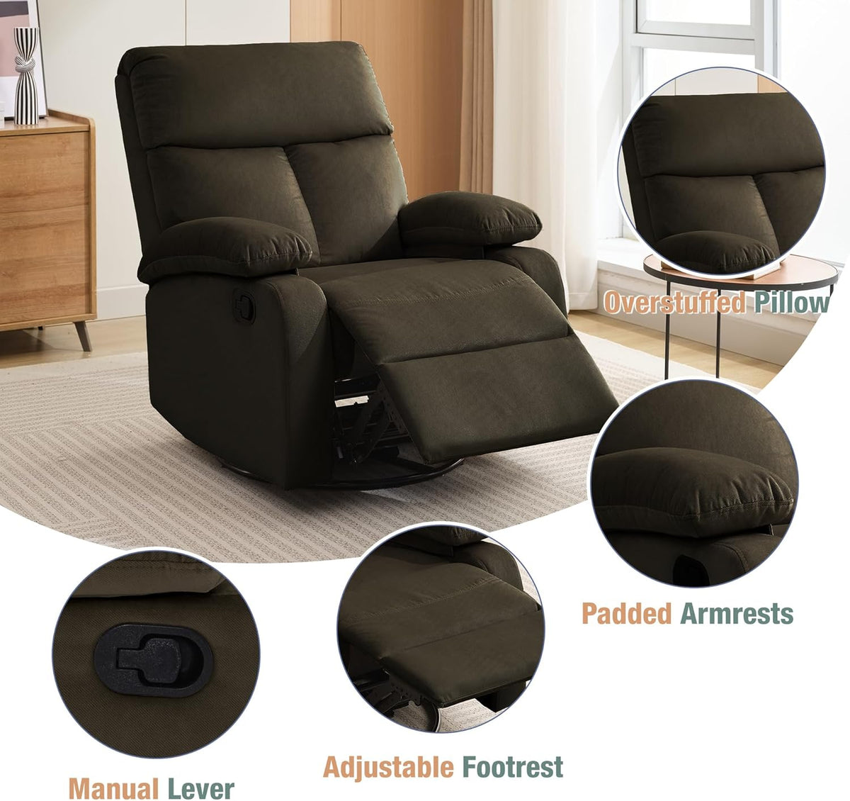 Swivel Rocker Recliner for Adults, Small Recliner Chair for Small Spaces, Rocking Recliner Chair for Nursery. Living Room, RV, Bedroom, Dark Brown