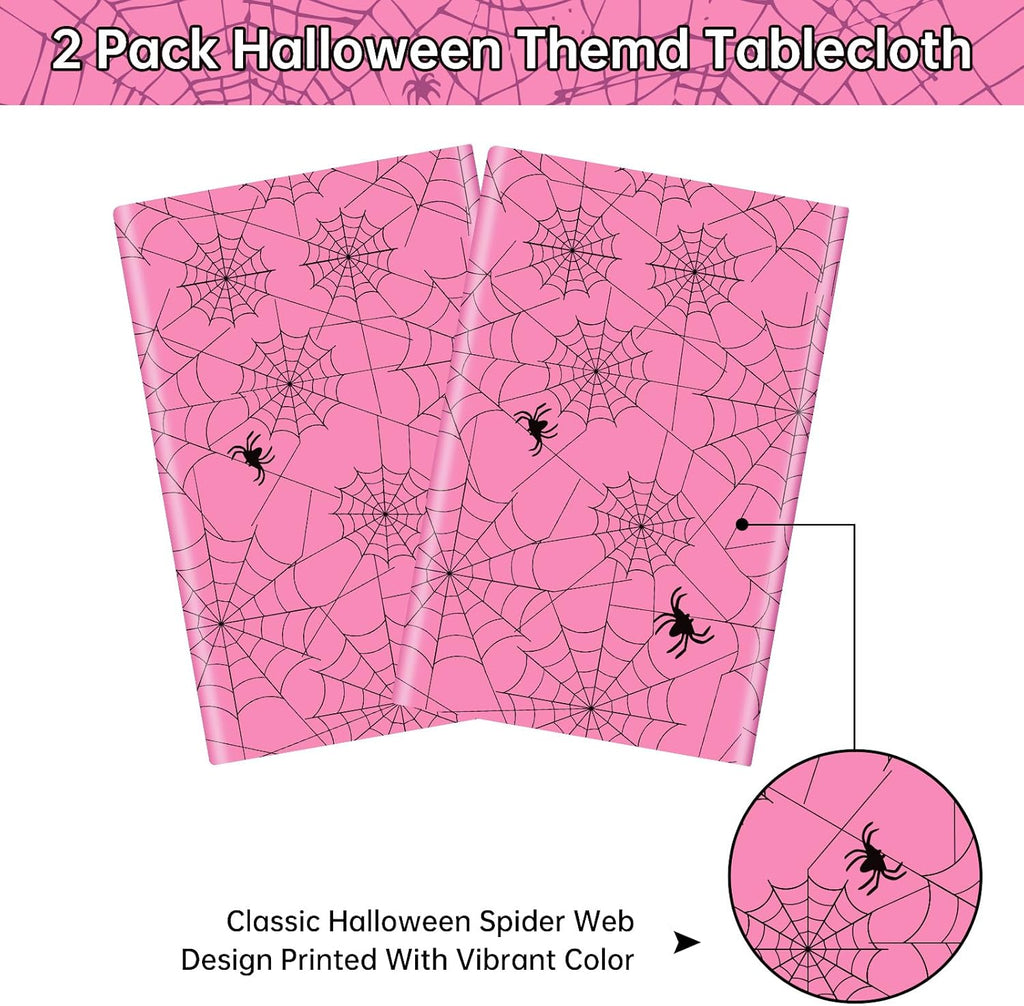 2 Pcs Halloween Tablecloth - Plastic Halloweens Spider Webs Table Cloth, Pink Disposable Rectangle Spiderweb Table Cover for Halloween Party Decorations Supplies Favors Tables Decor, 108 x 54 Inch