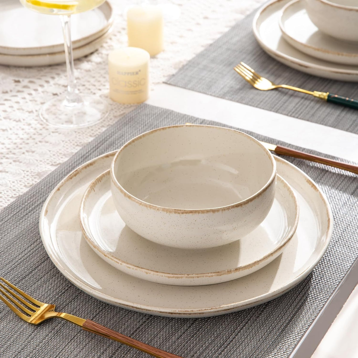 AmorArc Ceramic Dinnerware Sets, Wavy Rim Stoneware Plates and Bowls Sets, Highly Scratch Resistant | Dishwasher & Microwave Dishes set, Service for 6 (18pc)-Speckled Cappuccino