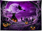 LB Halloween Wall Art - Horror Witch Cat and Dead Tree Pumpkin Lights with Spooky Graveyard Wall Tapestry Purple Full Moon over Misty Forest for Bedroom Living Room - 92.5x70.9 Inches
