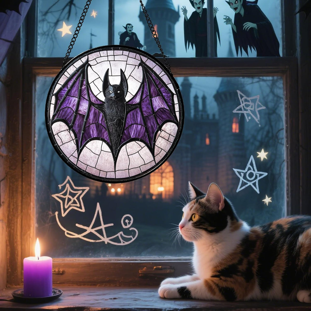 Stained Glass Window Hanging - Halloween Black Bat Purple Wings Monster Suncatcher for Doors Garden Home Spooky Sun Catchers Gothic Decor Horror Gift for Women Men Friend Boy Girl 11.8 in
