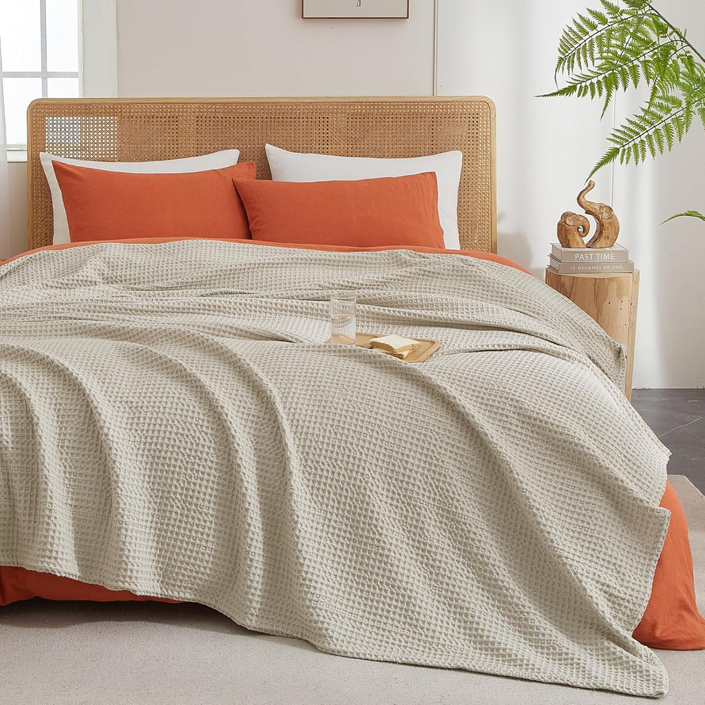 PHF Ultra Soft Waffle Weave Throw Blanket 50"x 60"- Washed Lightweight Breathable Cozy Woven Blanket for Bed - Aesthetic Decor for Couch Bedding Sofa Home Car - Light Khaki/Linen