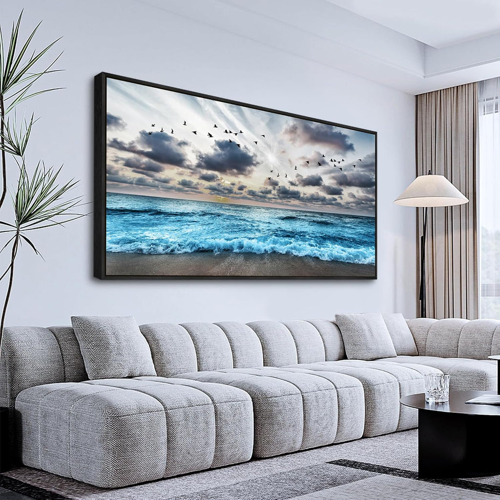 Wapluam Black And White Beach Wall Painting Black Framed Canvas Wall Art For Living Room Wall Decoration For Bedroom Office Wall Decor Blue Sea Wave Pictures Artwork Modern Hotel Room Home Wall Art