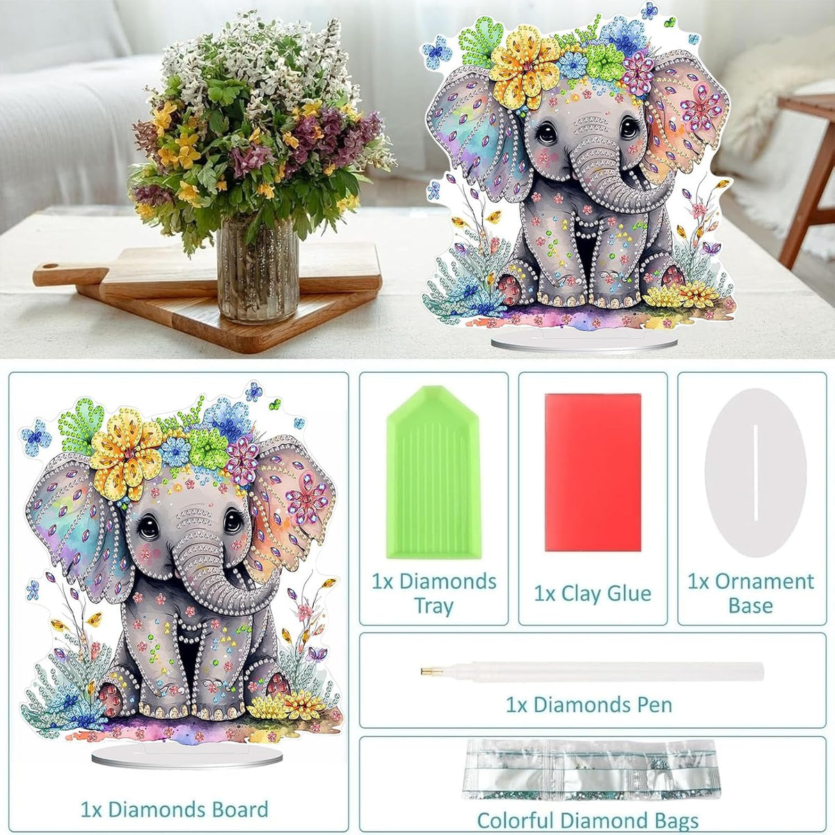 Diamond Painting Kits for Adults Beginners, 5D Full Drill Elephant Crystal Art Desktop Ornament, DIY Single Sided Home Office Desk Decor, Creative Craft Gift Set with Tools