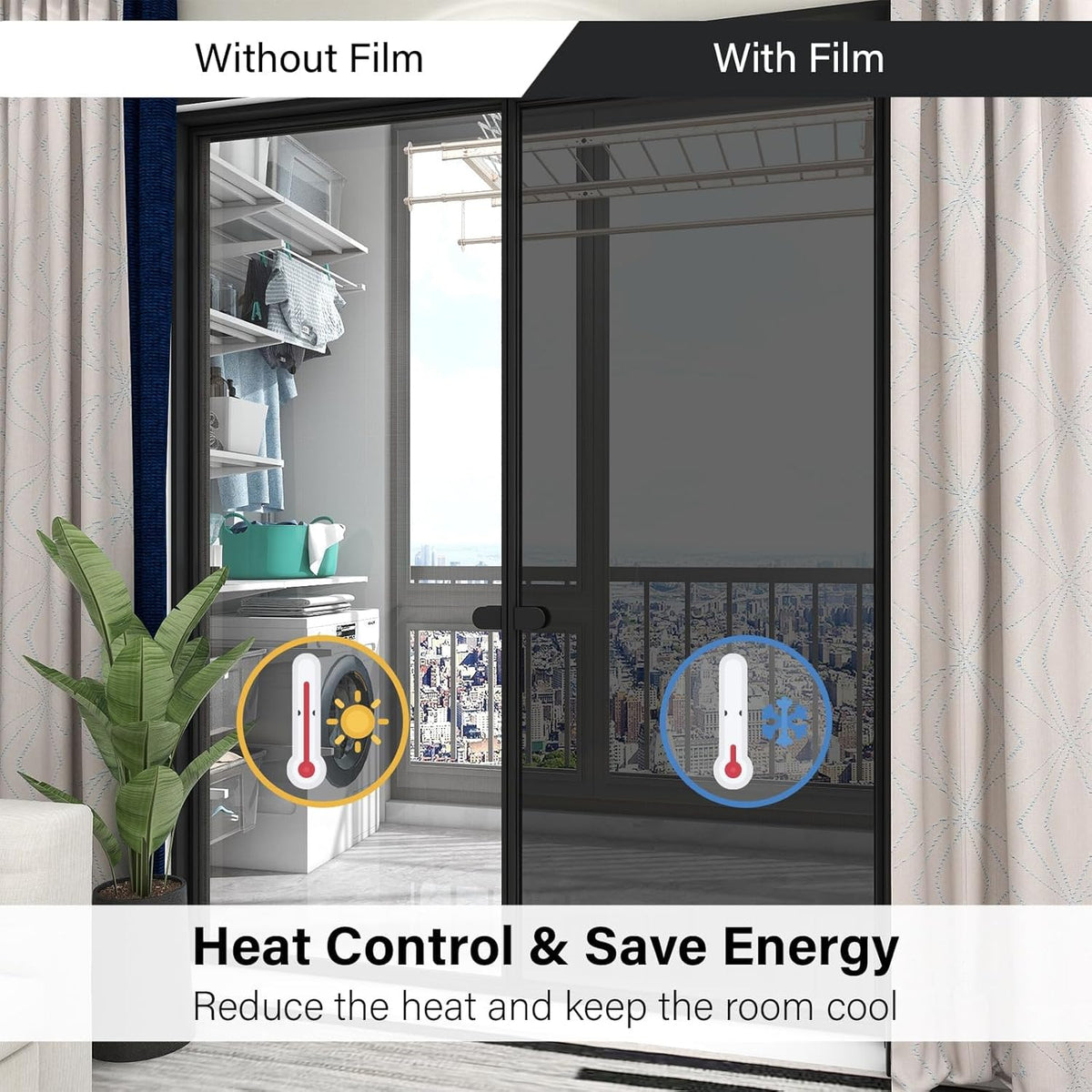 Kromapolis One Way Window Privacy Film Reflective Mirror Home Window Tint, Daytime Privacy Heat Control Anti UV Glass Tinting Static Cling (Black-Silver, 45.2 x 157.4 inch)