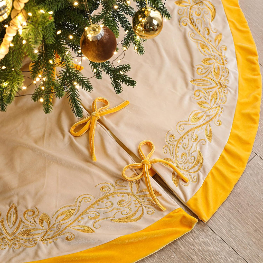 Luxury Velvet Christmas Tree Skirt 48 Inch Gold Victoria Embroidery Vintage Sparking Holly Tree Skirt for Holiday Party Rustic Xmas Decorations Home(White)