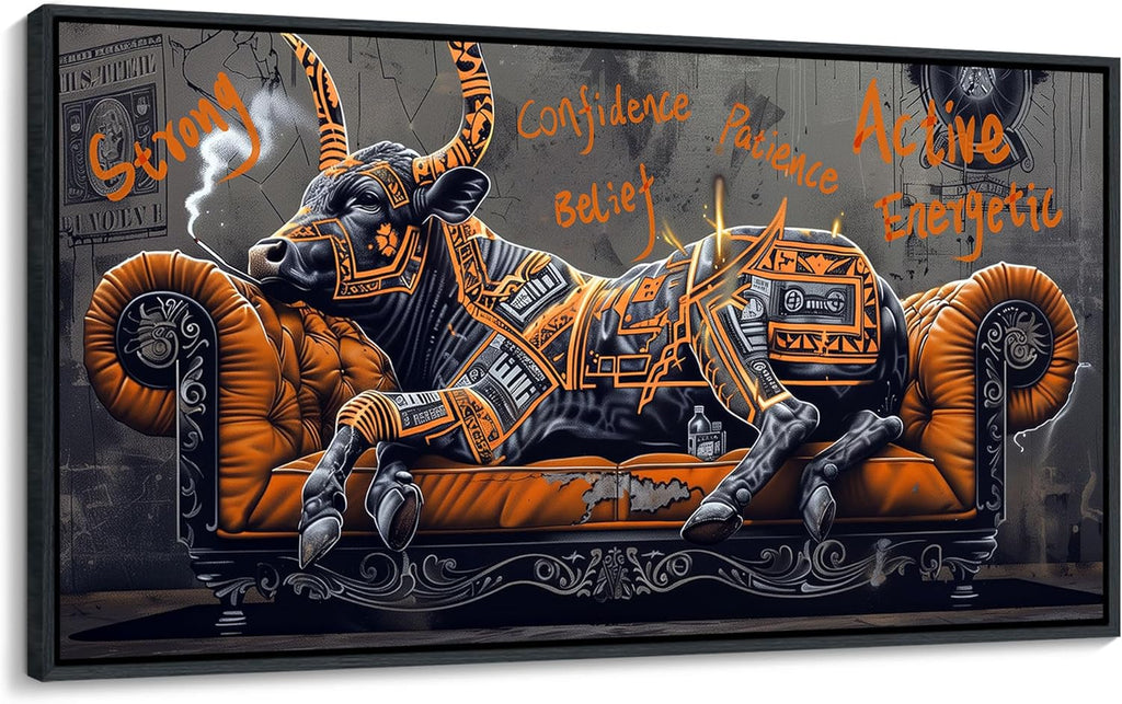 JEAWA Framed Canvas Wall Art - Large Creative Wall Art for Bedroom Living Room Bathroom, Modern Artwork Decor for Home Decoration, Strong Bull Color Graffiti, 29x58 IN