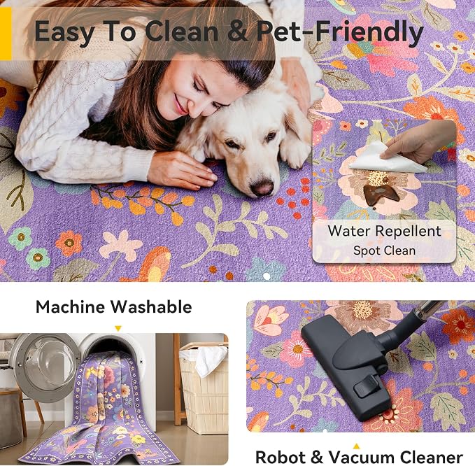 Floral Washable 2x4 Area Rugs Runner Entryway Hallway Purple/Pink | Flower - Image 4
