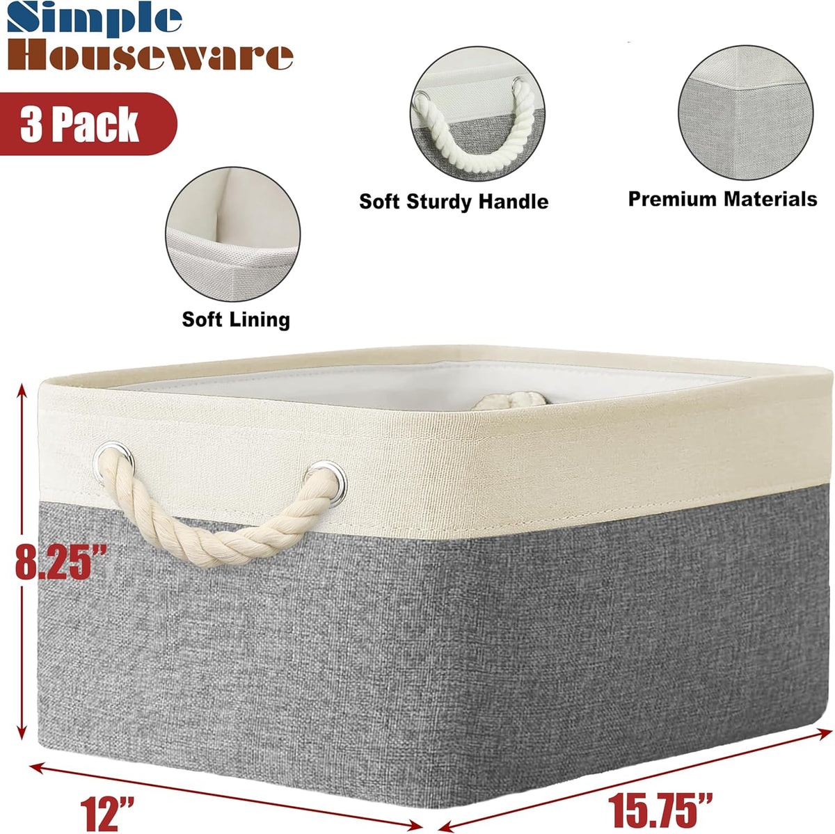 SIMPLE HOUSEWARE Large Fabric Storage Bin, 15.7" x 12" with Braided Handles, 3 Pack, Gray