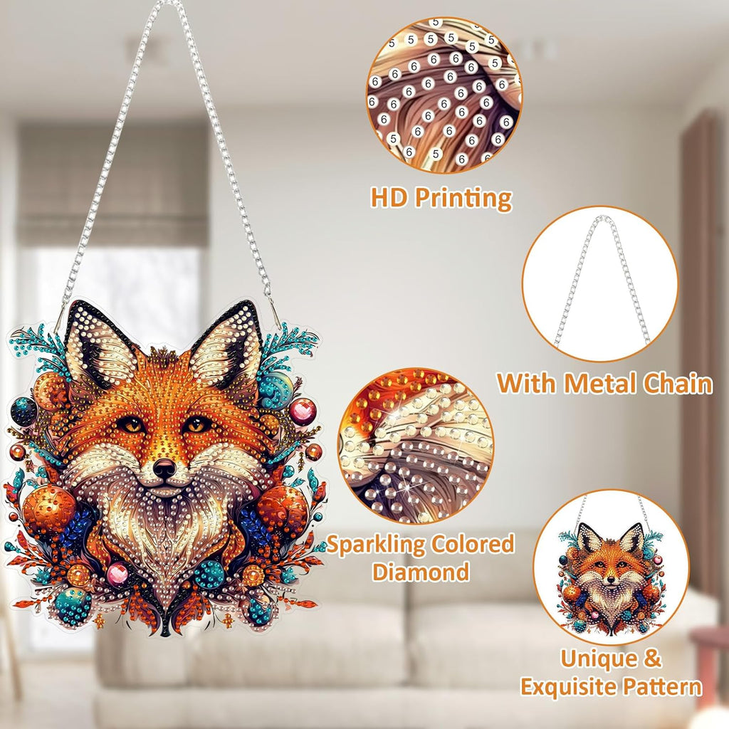 SENQAO Fox Diamond Art Hanging Kit for Adult, Special Shaped Rhinestone, Double Sided DIY Acrylic Diamond Art Painting Window Pendants Home Garden Wall Hanging Kits Hanging Ornament