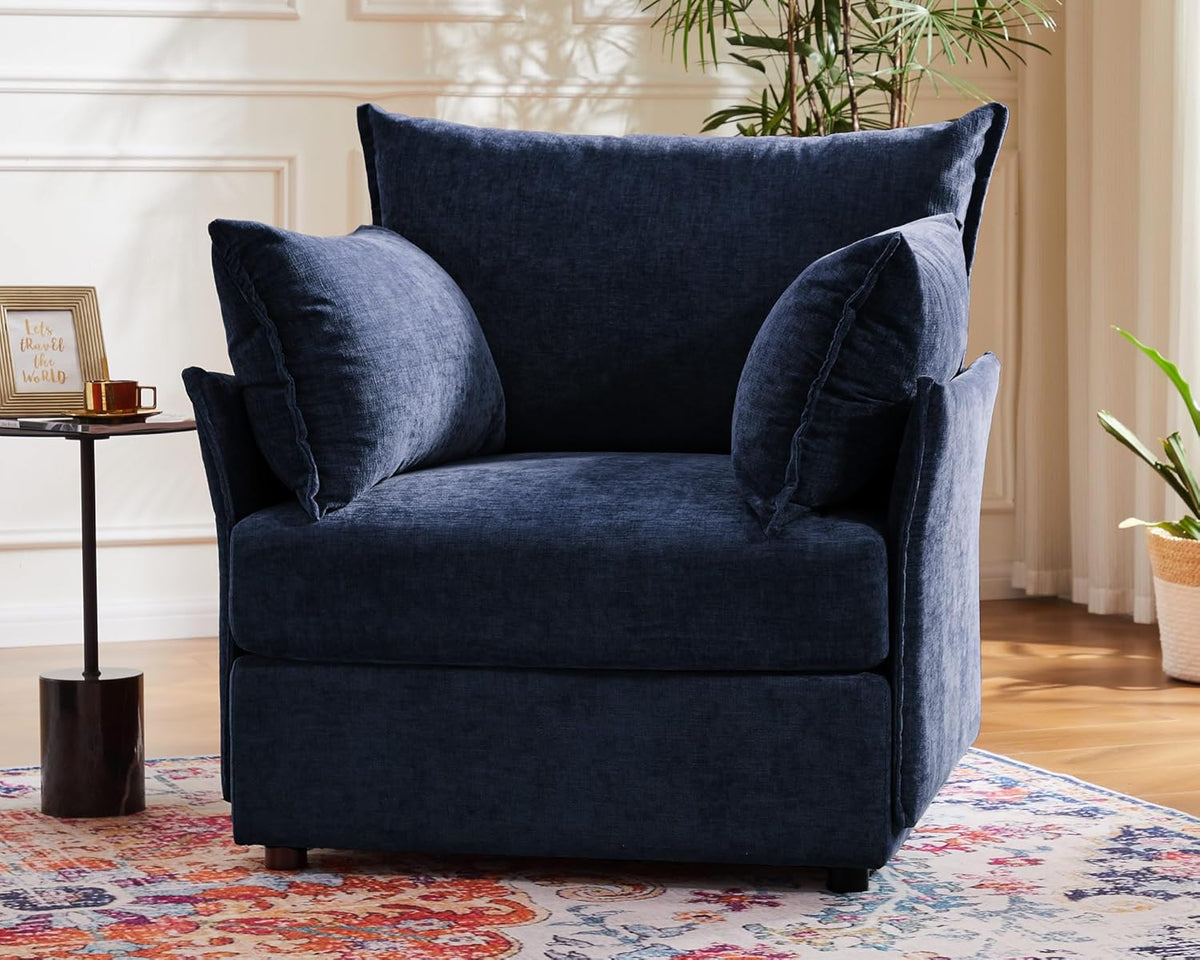 Oversized Accent Chair, Upholstered Modern Sofa Chair with Removable Backrest & Detachable Cover, 24.5" Deep Seat Large Reading Armchair for Living Room Bedroom Office - Chenille Blue Set of 1