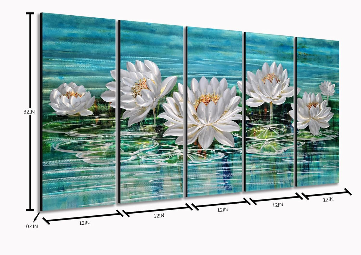 Yihui Arts Lotus Metal Wall Art, Green and Silver Flower Artwork, Hand Grind Aluminum Sculpture for Home Decor
