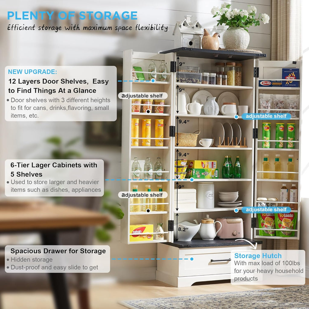 72" Farmhouse Kitchen Pantry Cabinet with Drawer, Tall Storage Cabinet with 2 Barn Doors and Shelves, Versatile Large Rustic Cupboard for Dining Room, Bathroom, Living Room, Laudry, White