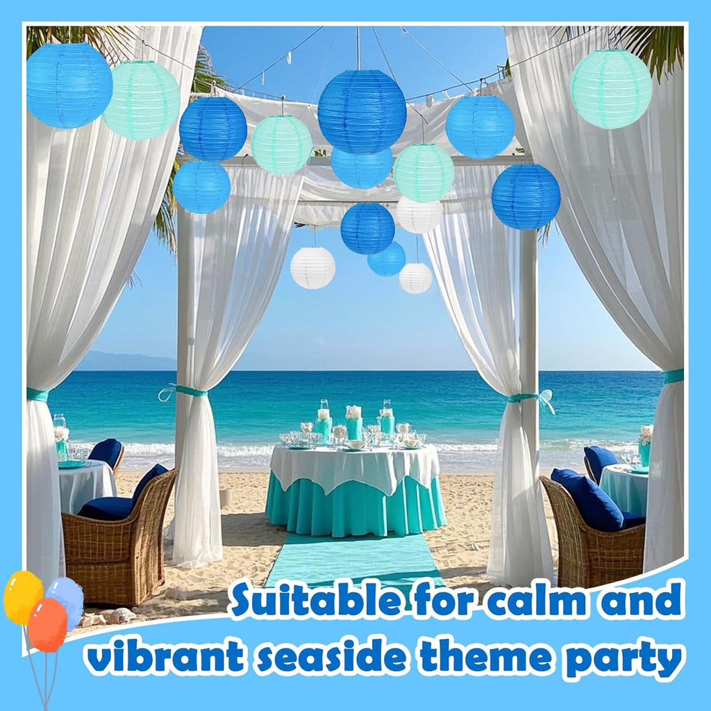 12Pcs Blue and White Paper Lanterns Assorted Sizes (6" 8" 10" 12") for Home Decor, Wedding, Birthday, Underwater Themed Party Decorations, Hanging Chinese Japanese Paper Lantern (3 Blue Colors)