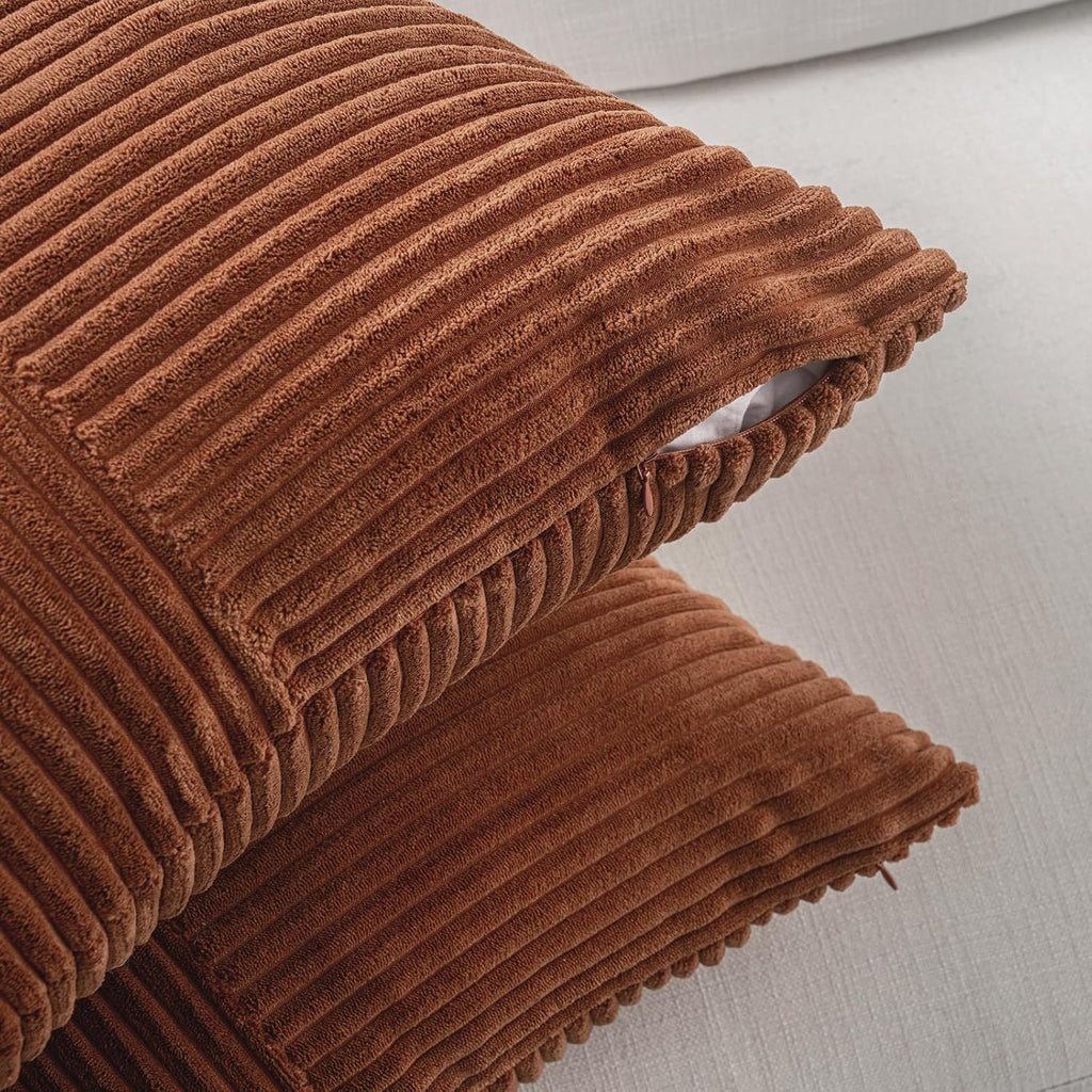 Fancy Homi 2 Packs Rust Lumbar Decorative Throw Pillow Covers 14x24 Inch for Couch Bed Sofa, Rustic Farmhouse Boho Home Decor, Soft Striped Corduroy Rectangle Accent Terracotta Cushion Case 35x60 cm