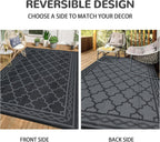 GAOMON Outdoor Plastic Straw Rug, 10'x14' Reversible Sage Green Patio Mat, Flower Modern Design for RV, Backyard, Deck, Camping, Picnic, Black/Grey(Geometric)