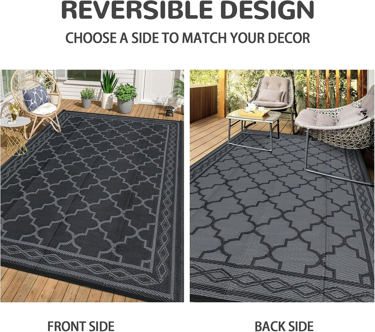 GAOMON Outdoor Plastic Straw Rug, 10'x14' Reversible Sage Green Patio Mat, Flower Modern Design for RV, Backyard, Deck, Camping, Picnic, Black/Grey(Geometric)