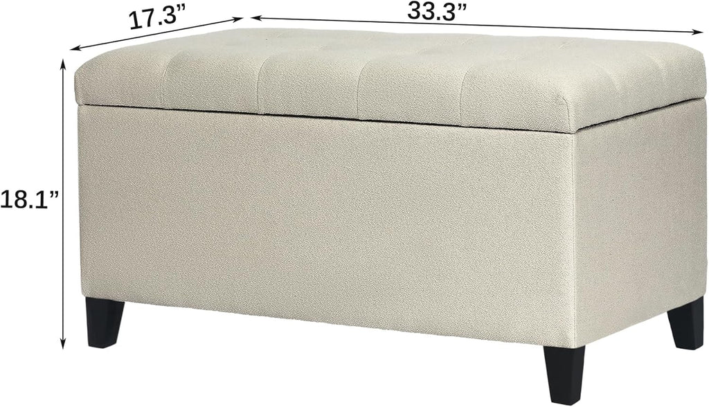 Asense Storage Ottoman Bench, Tufted Fabric Upholstered End of Bed Bench with Safety Hinge Wooden Legs, for Entryway Bedroom (Cotton and Linen Beige, 33.3")