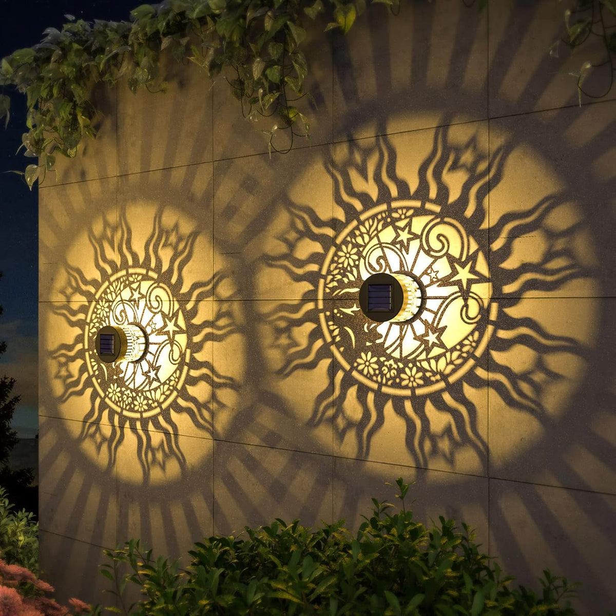 4 Pack Solar Fence Lights Metal Solar Powered Outdoor Wall Deck Lights Sun Moon Theme Waterproof Fence Light for Garden Post Patio Backyard Yard Decor (Face, 4 Pack)