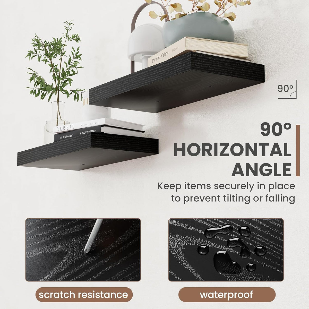 24 Inch Floating Shelves, 8 Inch Deep Floating Shelves for Wall, Hanging Shelf with Invisible Brackets, Deep Shelves for Bathroom, Bedroom, Living Room, Black, Set of 2